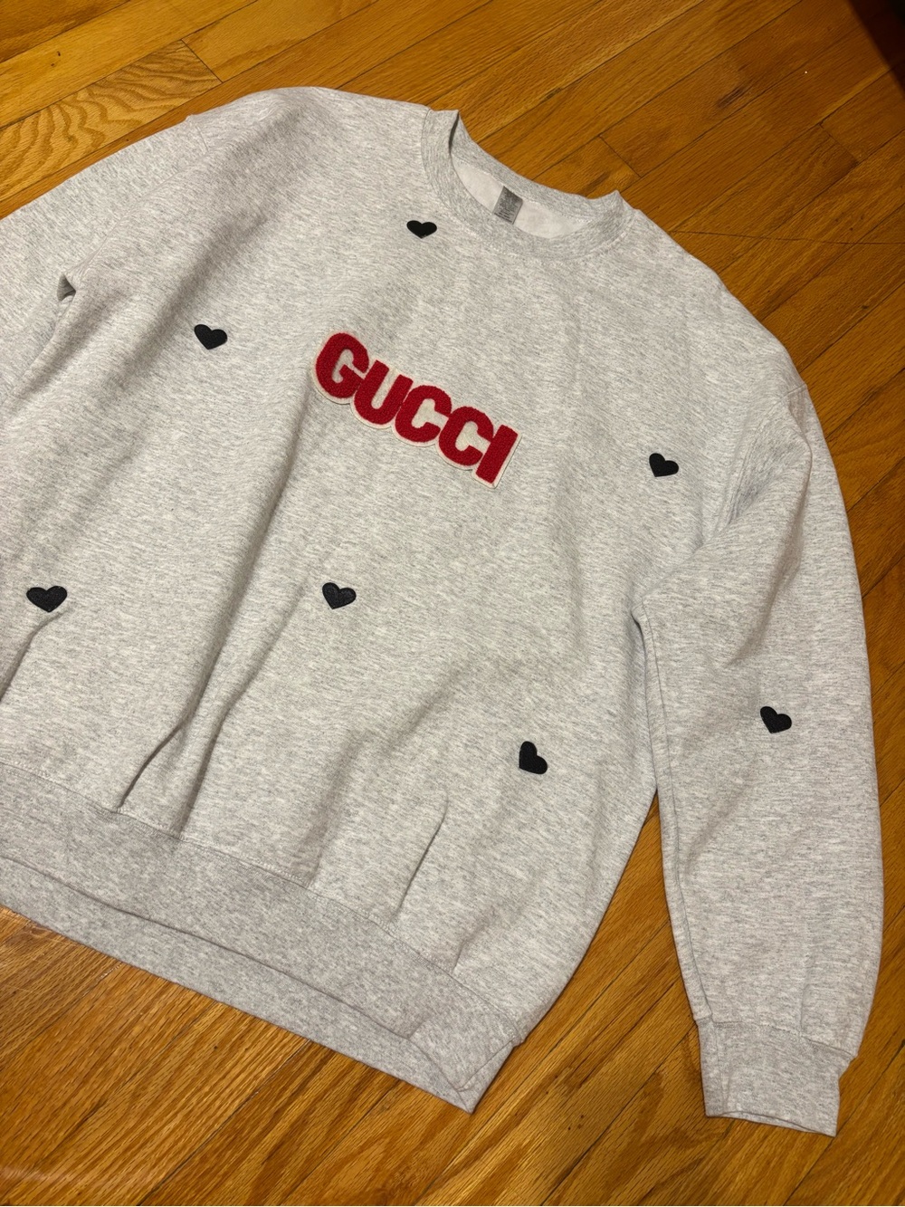 Gildan Gray Crewneck Sweatshirt with Red Logo and Black Hearts